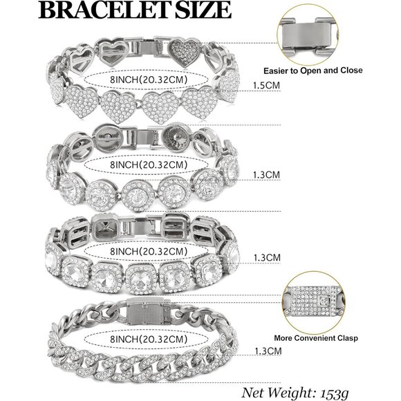 Gold & Silver Women's Bracelet Set Tennis Heart Cuban Layered Styles Fashion - Picture 7 of 7